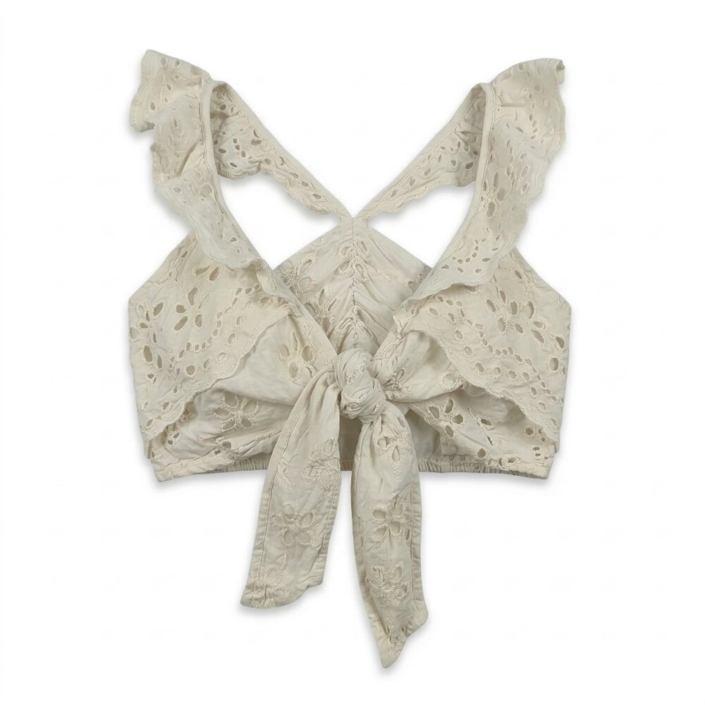 Winston White Chloe Eyelet Embroidery Crop Top Ruffle Tie Front Ivory White S